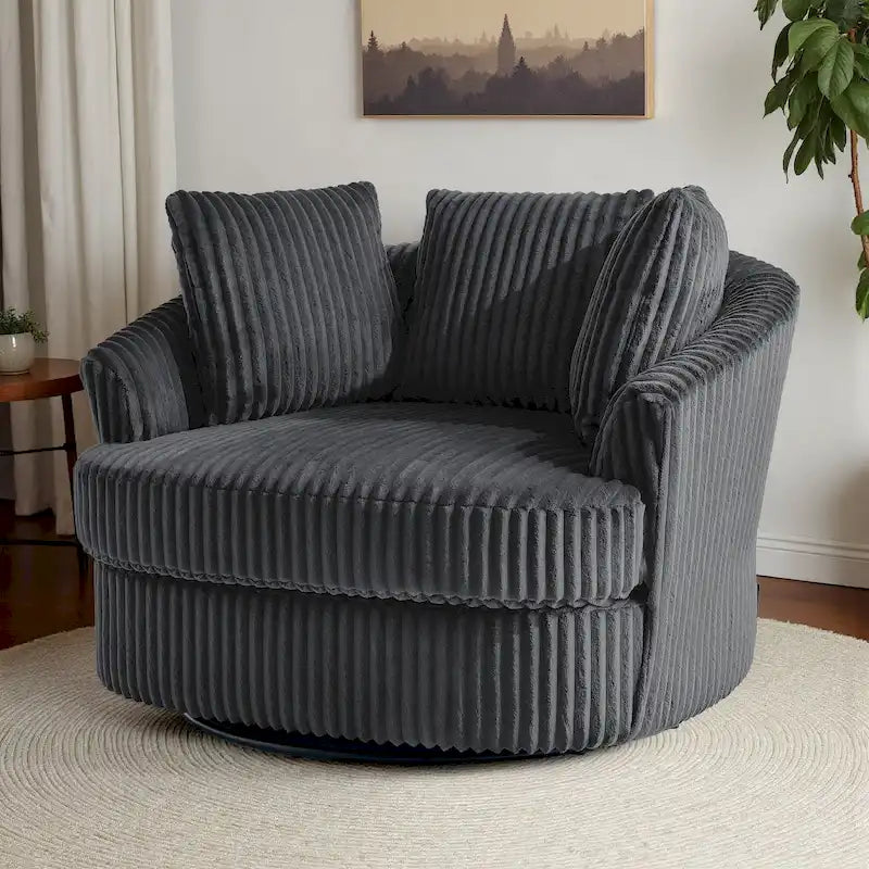 Oversized 43 W Plush Corduroy Recessed Arm Swivel Barrel Chair