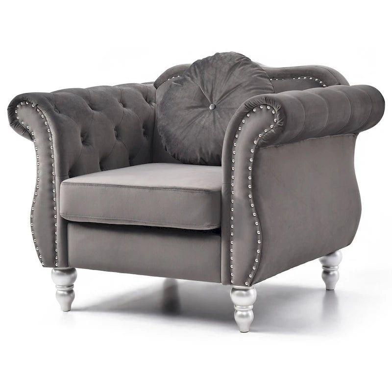Poltrona Chesterfield Hollywood in velluto trapuntato con cuscino rotondo - 39L x 35W x 34H