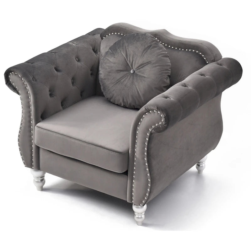 Poltrona Chesterfield Hollywood in velluto trapuntato con cuscino rotondo - 39L x 35W x 34H