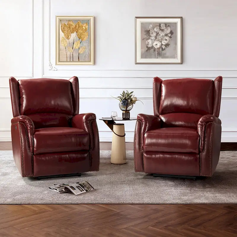 Poltrona reclinabile elettrica in vera pelle Eduardo con porta USB, set da 2