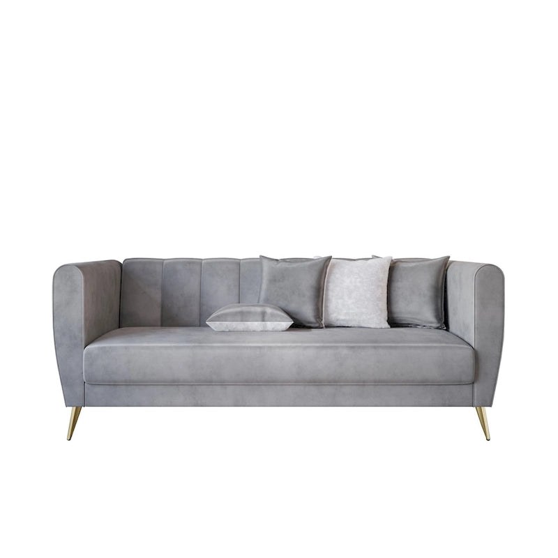 Divano Scarlett Velvet a 3 posti con braccioli svasati e 4 cuscini decorativi