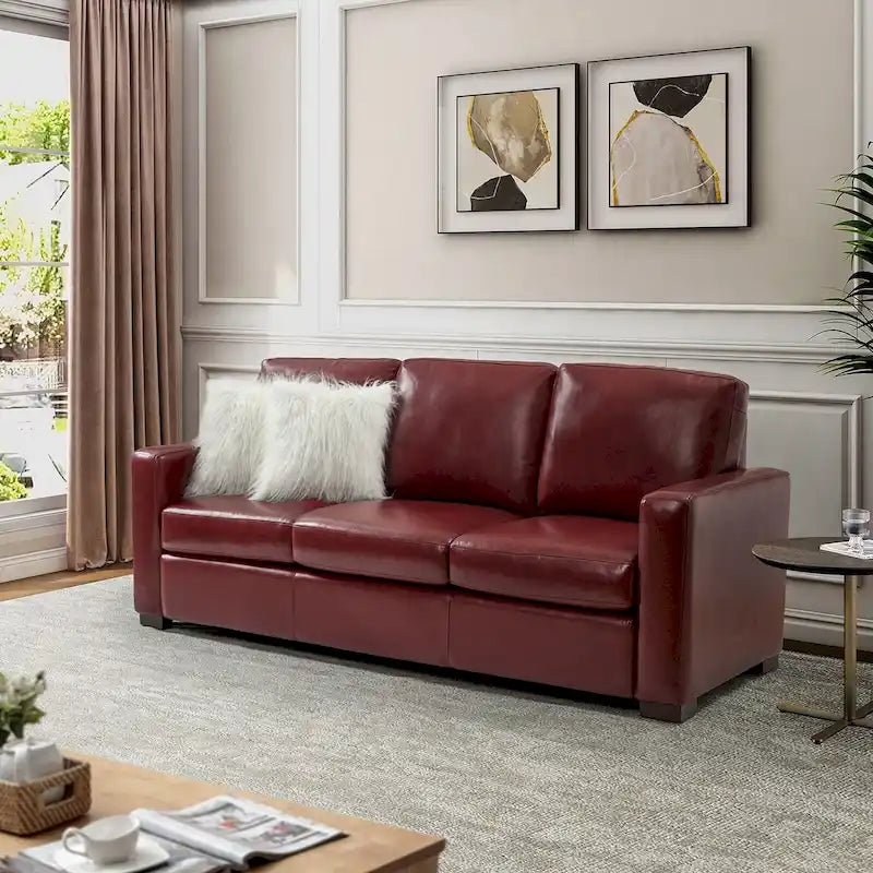 Divano Ernando 83.46 in vera pelle con braccioli e cuscini quadrati