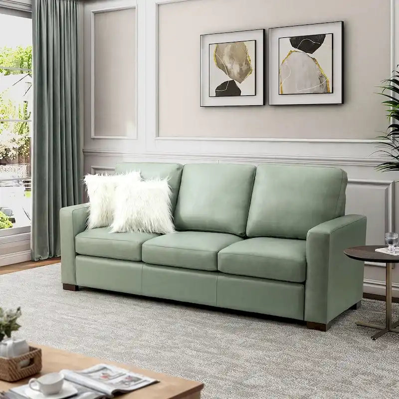 Divano Ernando 83.46 in vera pelle con braccioli e cuscini quadrati