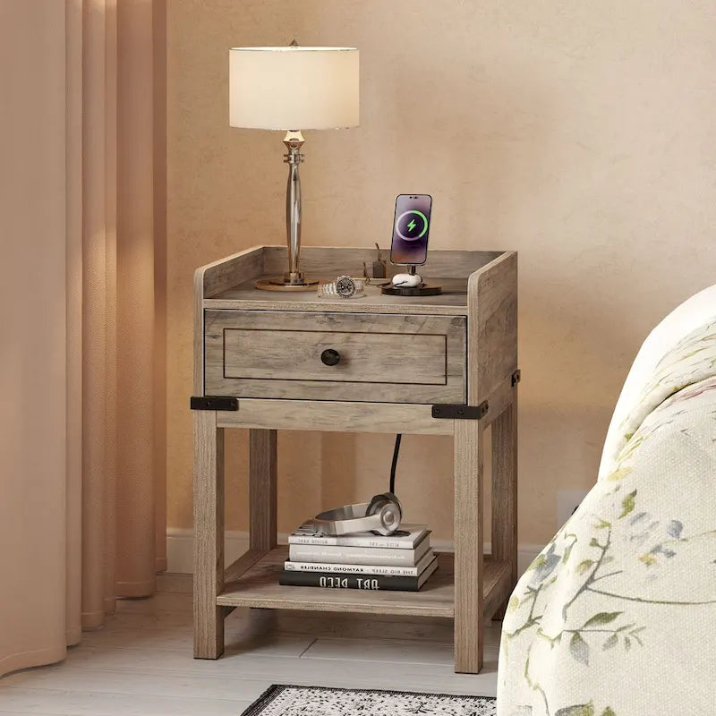 Moasis Farmhouse End Table with Charging Station, USB Ports and Outlets