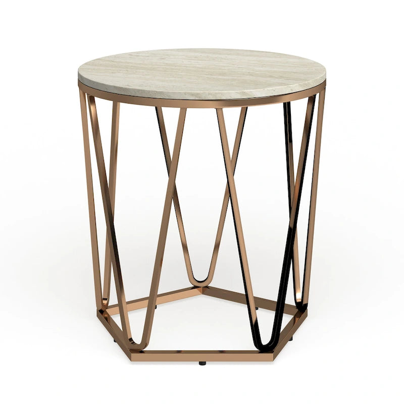 Tavolino rotondo moderno in finto marmo Henderson di SEI Furniture con base geometrica dorata