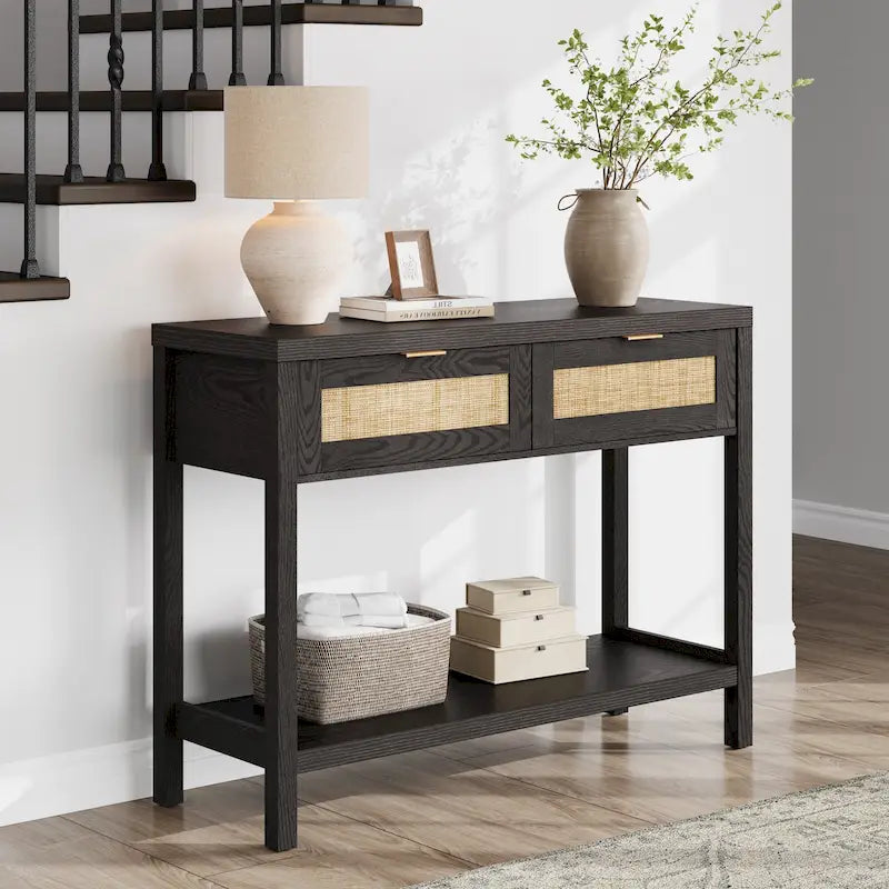 Tavolo consolle in rattan SICOTAS con 2 cassetti e ripiani - 30 x 39,4 x 13,8