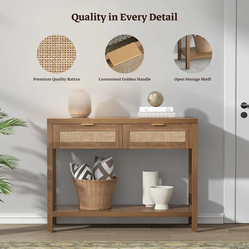 Tavolo consolle in rattan SICOTAS con 2 cassetti e ripiani - 30 x 39,4 x 13,8