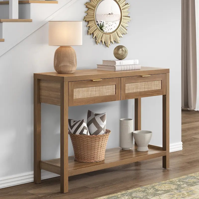 Tavolo consolle in rattan SICOTAS con 2 cassetti e ripiani - 30 x 39,4 x 13,8