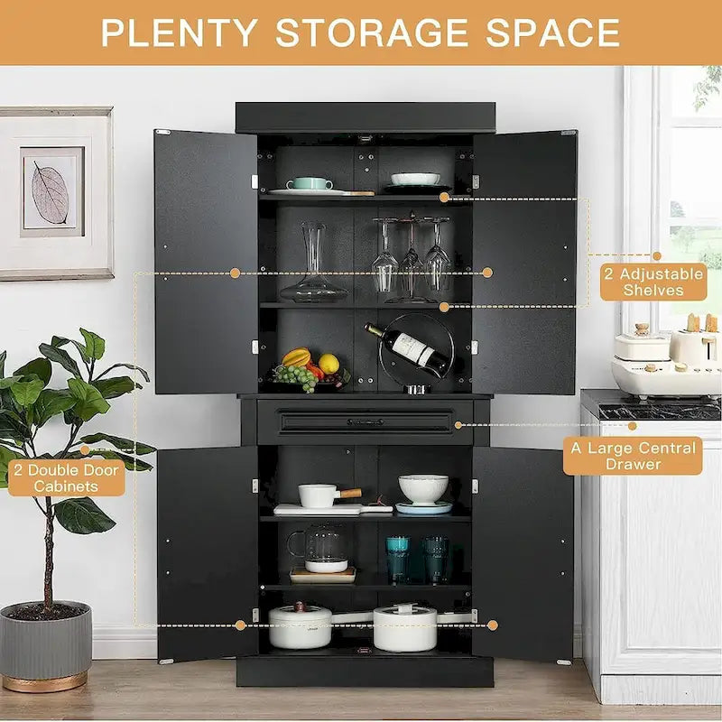 EROMMY 71 Mobile dispensa da cucina indipendente, mobiletto alto con cassetto e ripiani regolabili, mobiletto da pavimento a 2 ante