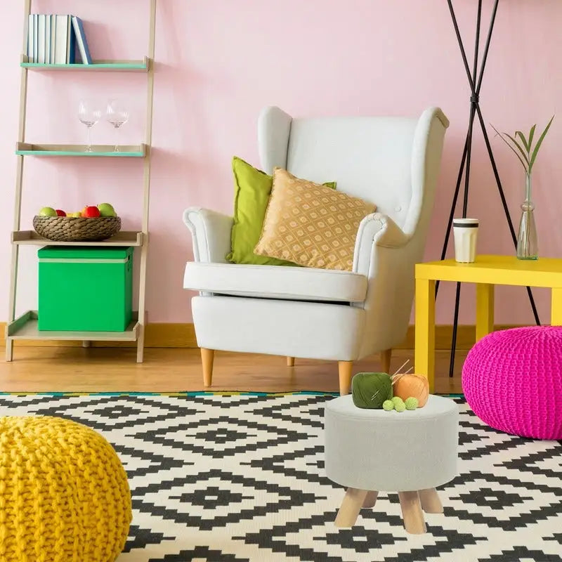 Pouf poggiapiedi rotondo moderno Adeco per la casa/Pouf con seduta in tessuto di lino