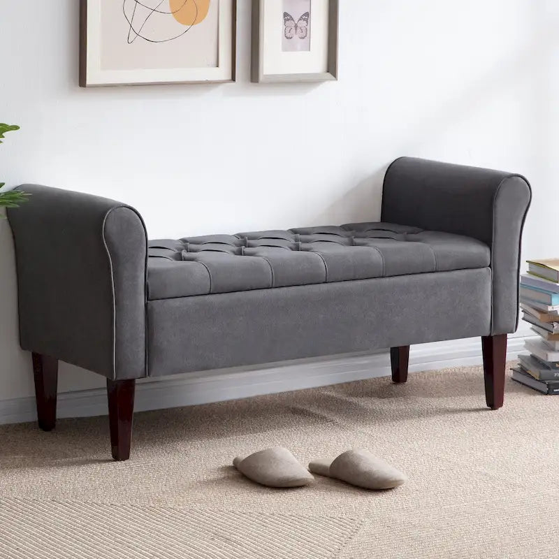 Panca contenitore in tessuto Arm con gambe in legno massello, 48L x 18P x 23A