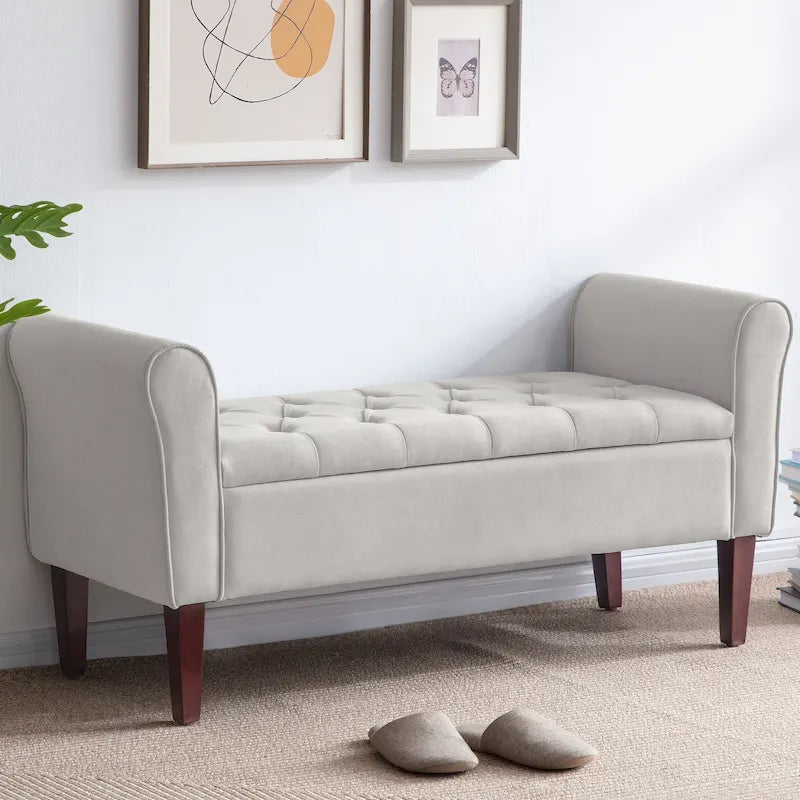 Panca contenitore in tessuto Arm con gambe in legno massello, 48L x 18P x 23A