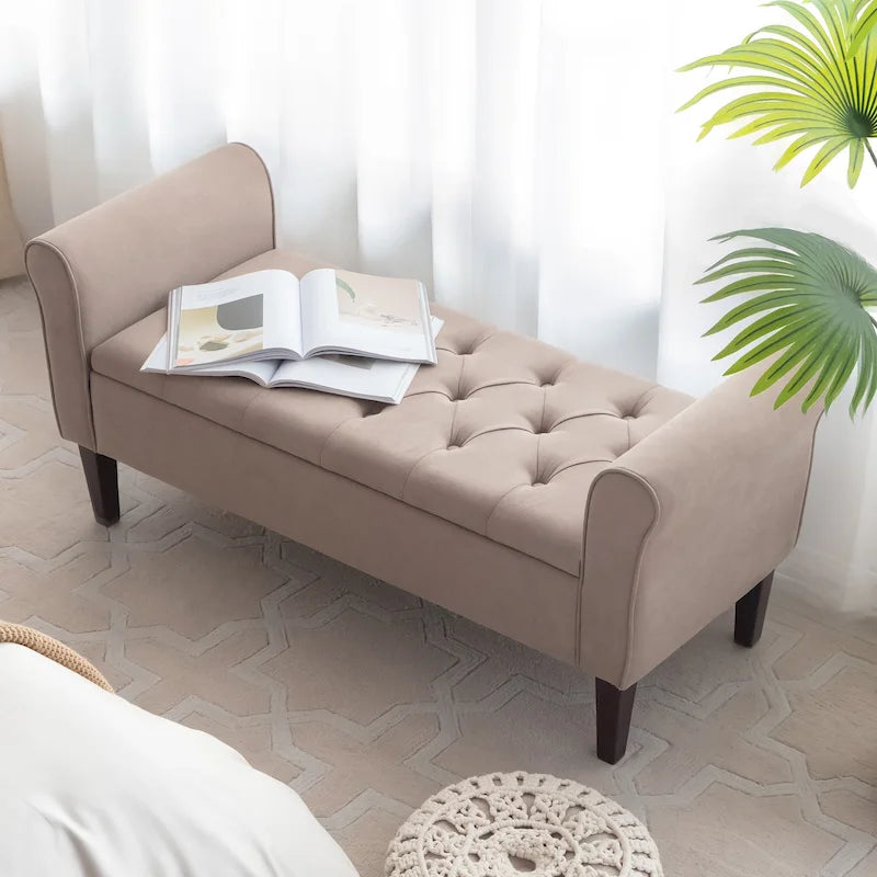 Panca contenitore in tessuto Arm con gambe in legno massello, 48L x 18P x 23A