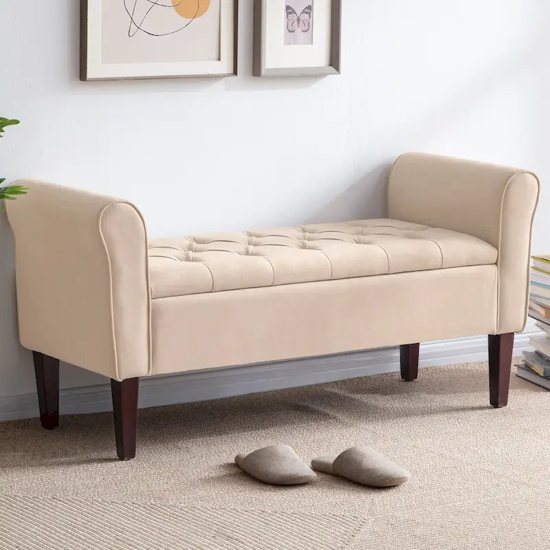 Panca contenitore in tessuto Arm con gambe in legno massello, 48L x 18P x 23A