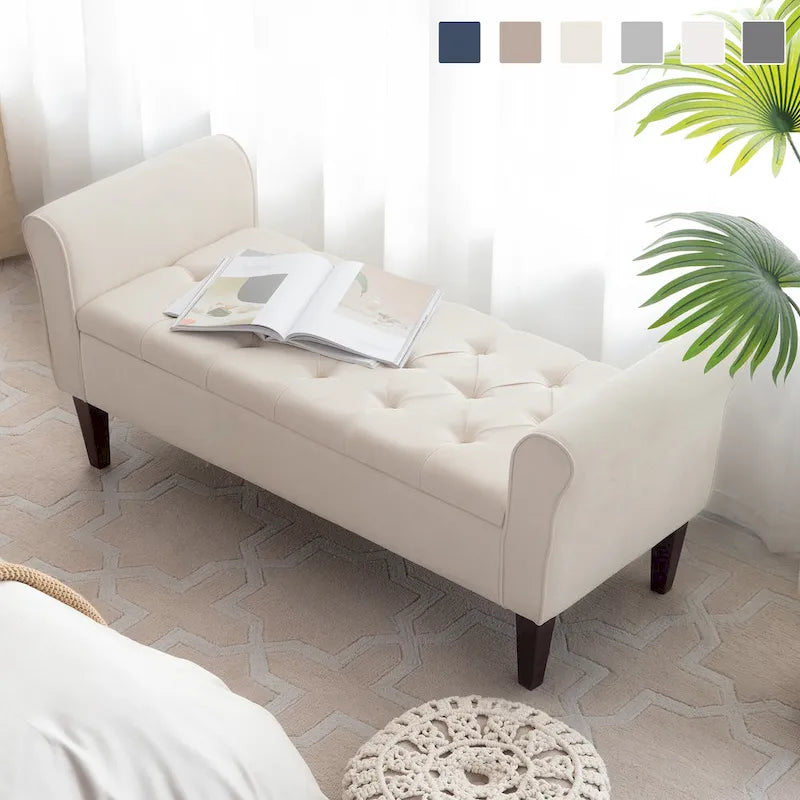 Panca contenitore in tessuto Arm con gambe in legno massello, 48L x 18P x 23A