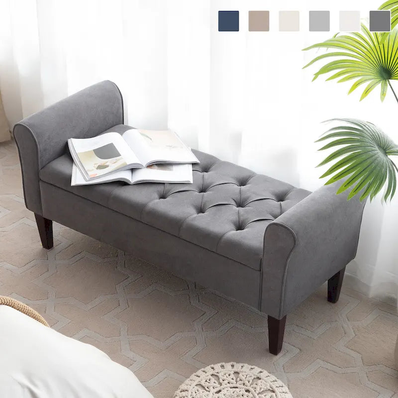 Panca contenitore in tessuto Arm con gambe in legno massello, 48L x 18P x 23A