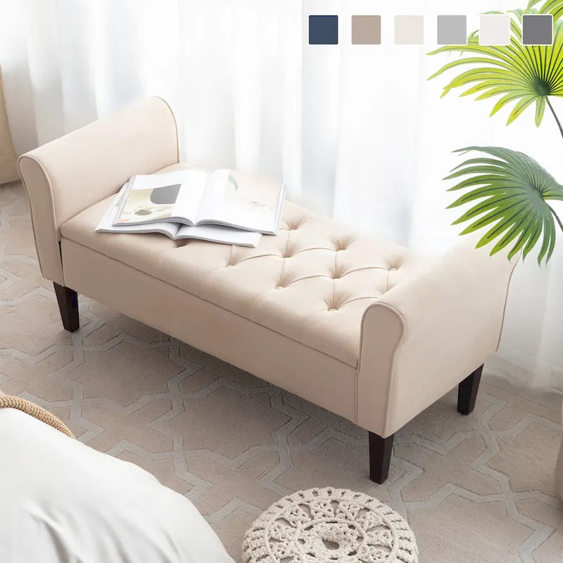 Panca contenitore in tessuto Arm con gambe in legno massello, 48L x 18P x 23A