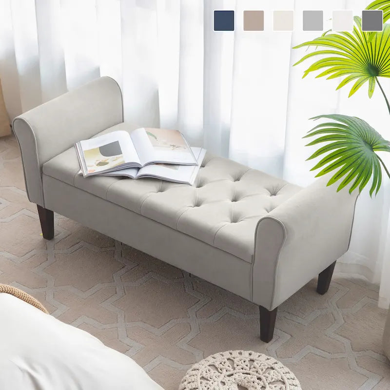 Panca contenitore in tessuto Arm con gambe in legno massello, 48L x 18P x 23A