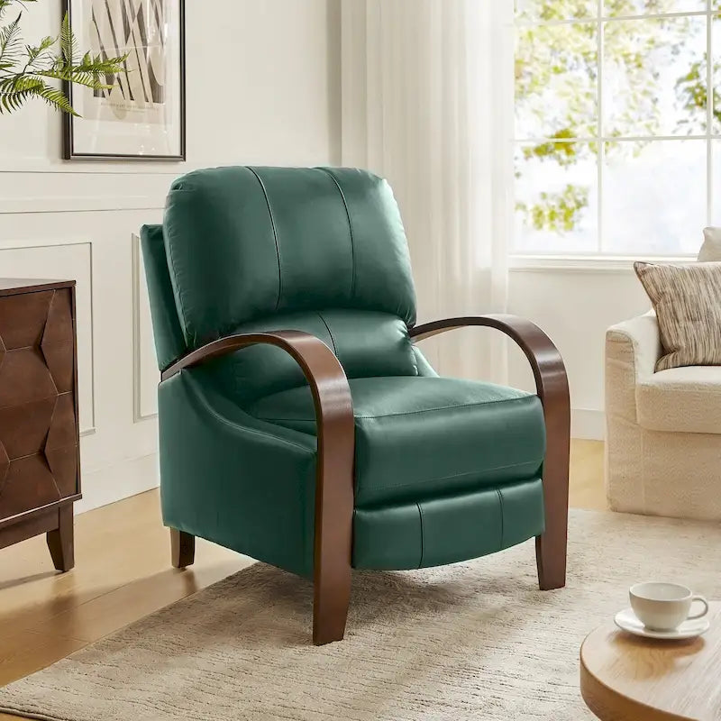 Poltrona reclinabile manuale Alex Mid-Century Modern in vera pelle con braccioli curvi in ​​legno