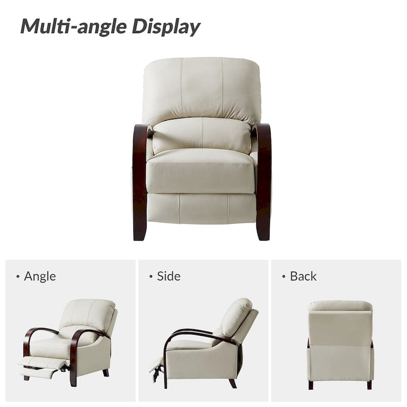 Poltrona reclinabile manuale Alex Mid-Century Modern in vera pelle con braccioli curvi in ​​legno