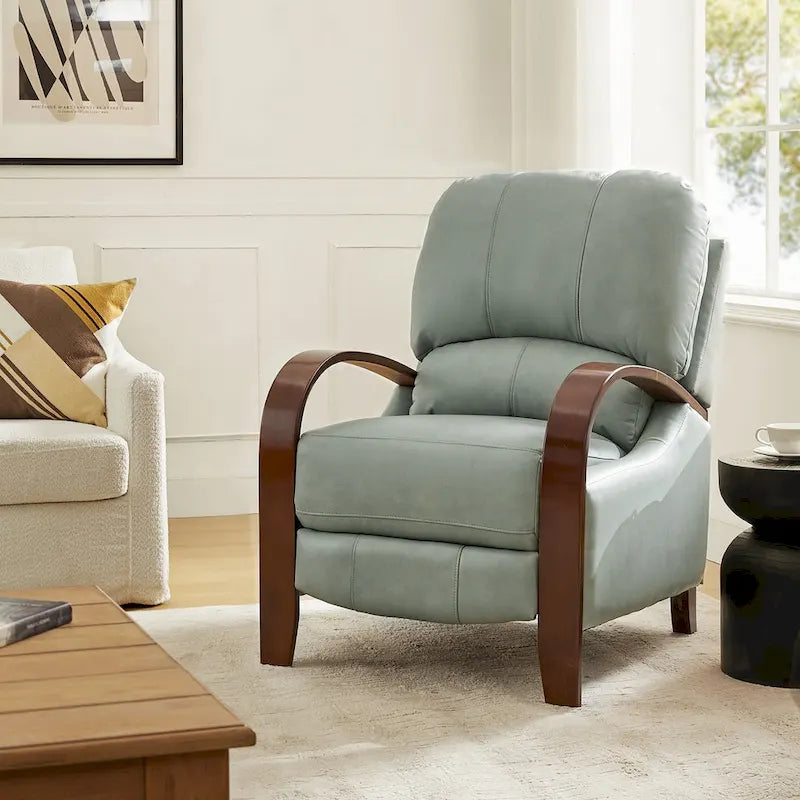 Poltrona reclinabile manuale Alex Mid-Century Modern in vera pelle con braccioli curvi in ​​legno