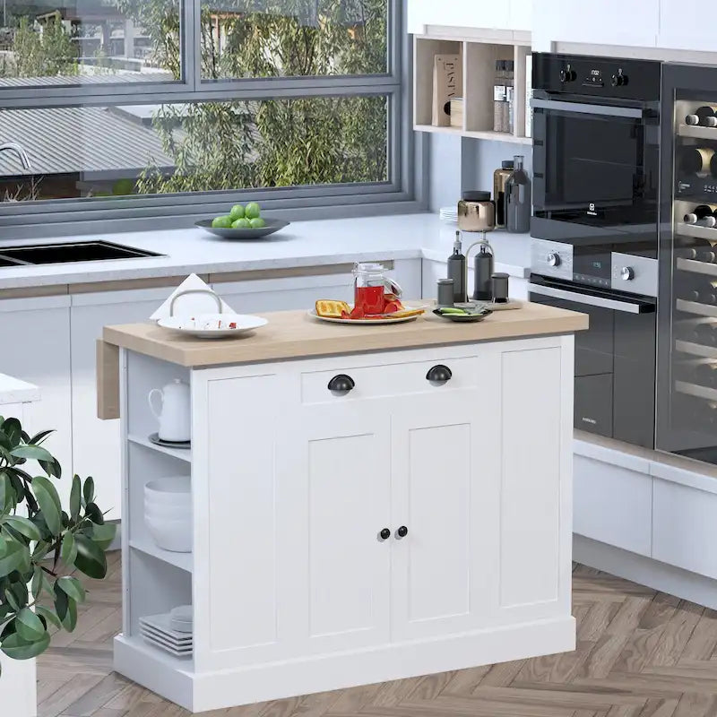 HOMCOM Isola da cucina in legno in stile scanalato, piano di lavoro con ribalta, cassetto, ripiani aperti, spazio di archiviazione