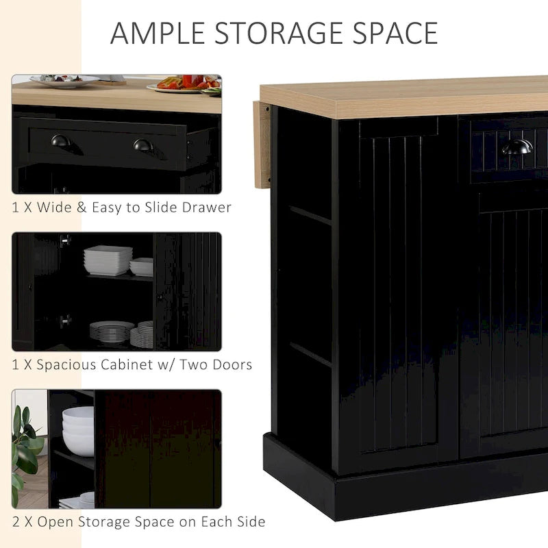 HOMCOM Isola da cucina in legno in stile scanalato, piano di lavoro con ribalta, cassetto, ripiani aperti, spazio di archiviazione