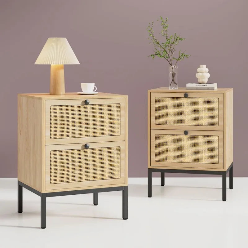 Comodino Boho in rattan naturale con cassetto, set da 2