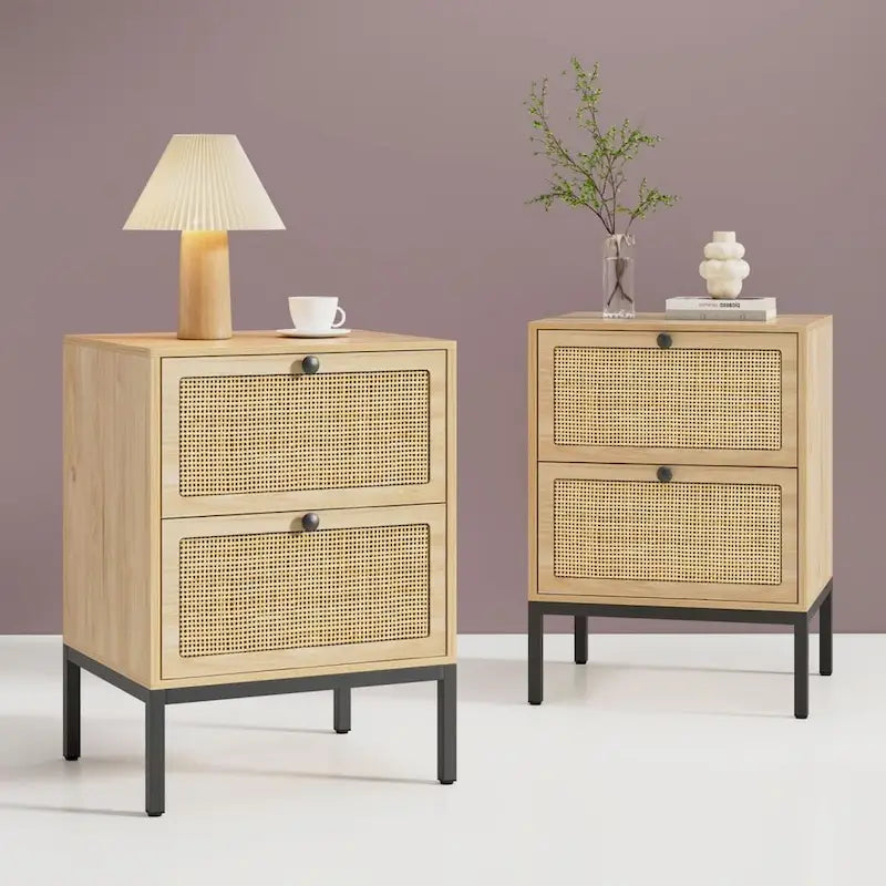 Boho Natural Rattan Nightstand with Drawer Set of 2