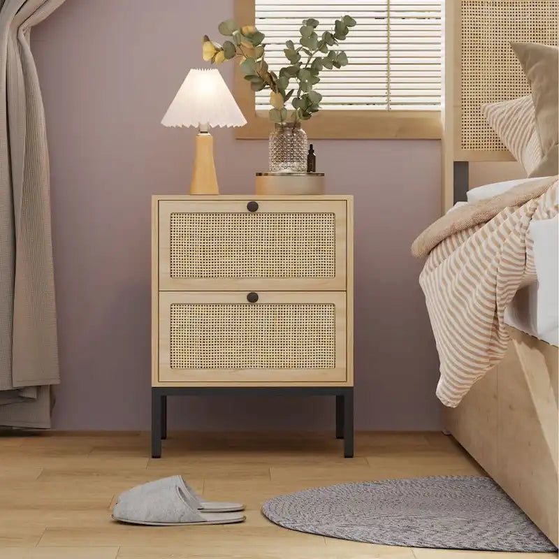 Comodino Boho in rattan naturale con cassetto, set da 2