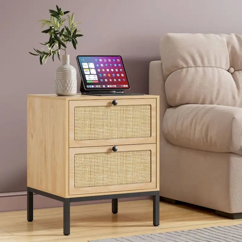 Comodino Boho in rattan naturale con cassetto, set da 2