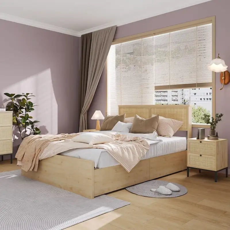 Comodino Boho in rattan naturale con cassetto, set da 2