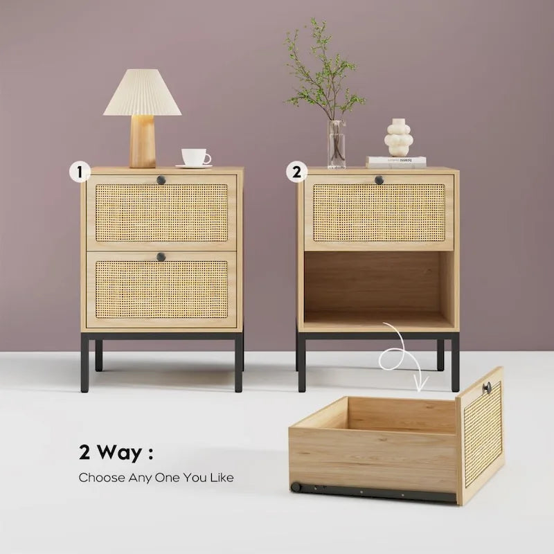 Comodino Boho in rattan naturale con cassetto, set da 2