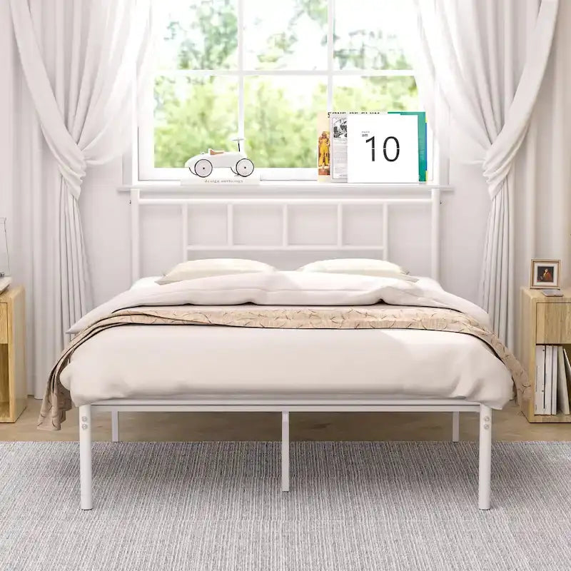 14 Inch Queen Size Metal Bed Frame with Headboard, Iron-Art Platform Bed No Box Spring Needed/Mattress Foundation for Storage