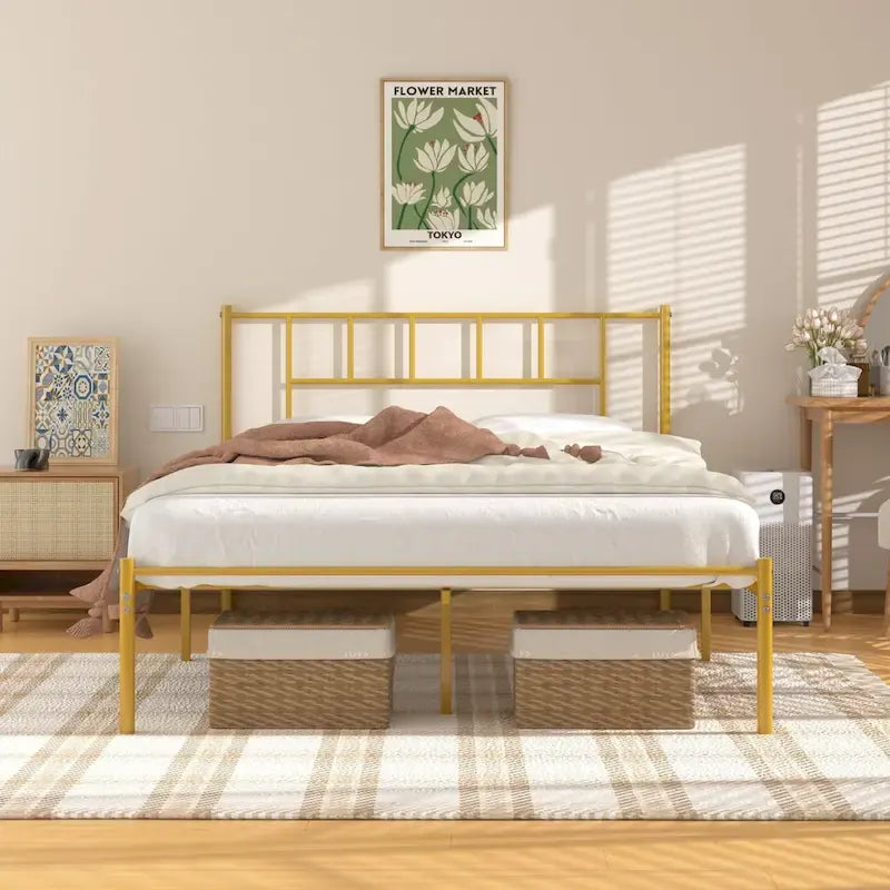 Letto matrimoniale in metallo da 14 pollici con testiera, letto con piattaforma in ferro battuto, senza bisogno di box spring/base per materasso per riporre oggetti