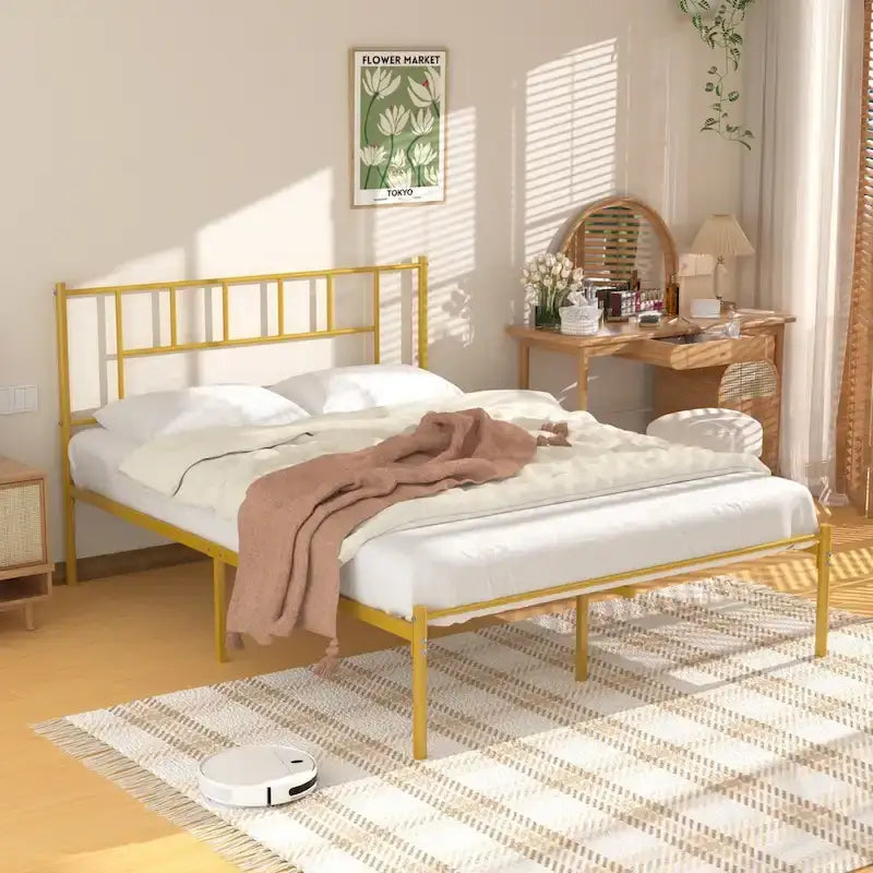 Letto matrimoniale in metallo da 14 pollici con testiera, letto con piattaforma in ferro battuto, senza bisogno di box spring/base per materasso per riporre oggetti