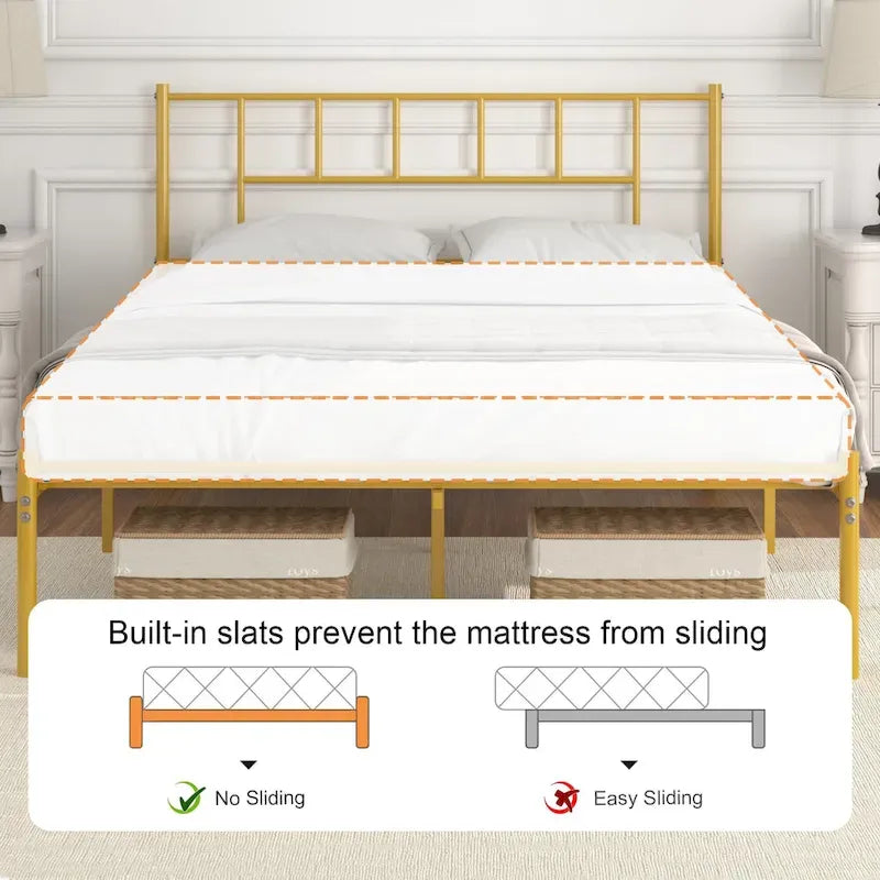Letto matrimoniale in metallo da 14 pollici con testiera, letto con piattaforma in ferro battuto, senza bisogno di box spring/base per materasso per riporre oggetti