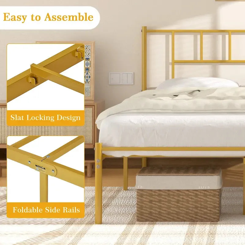 Letto matrimoniale in metallo da 14 pollici con testiera, letto con piattaforma in ferro battuto, senza bisogno di box spring/base per materasso per riporre oggetti