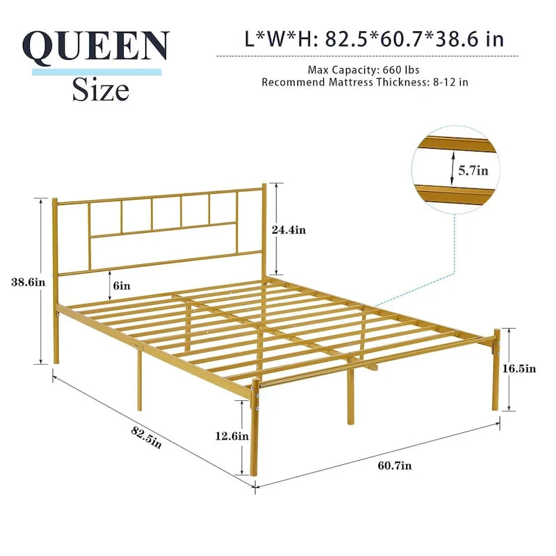 Letto matrimoniale in metallo da 14 pollici con testiera, letto con piattaforma in ferro battuto, senza bisogno di box spring/base per materasso per riporre oggetti
