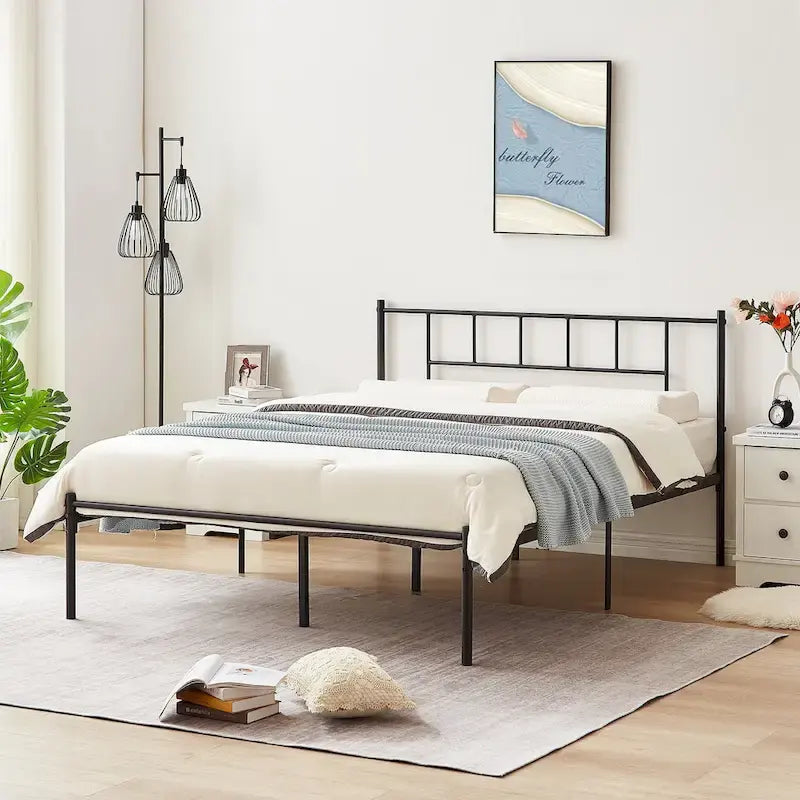 Letto matrimoniale in metallo da 14 pollici con testiera, letto con piattaforma in ferro battuto, senza bisogno di box spring/base per materasso per riporre oggetti