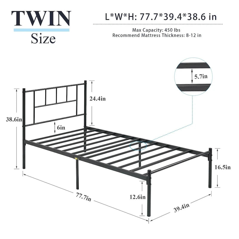 Letto matrimoniale in metallo da 14 pollici con testiera, letto con piattaforma in ferro battuto, senza bisogno di box spring/base per materasso per riporre oggetti