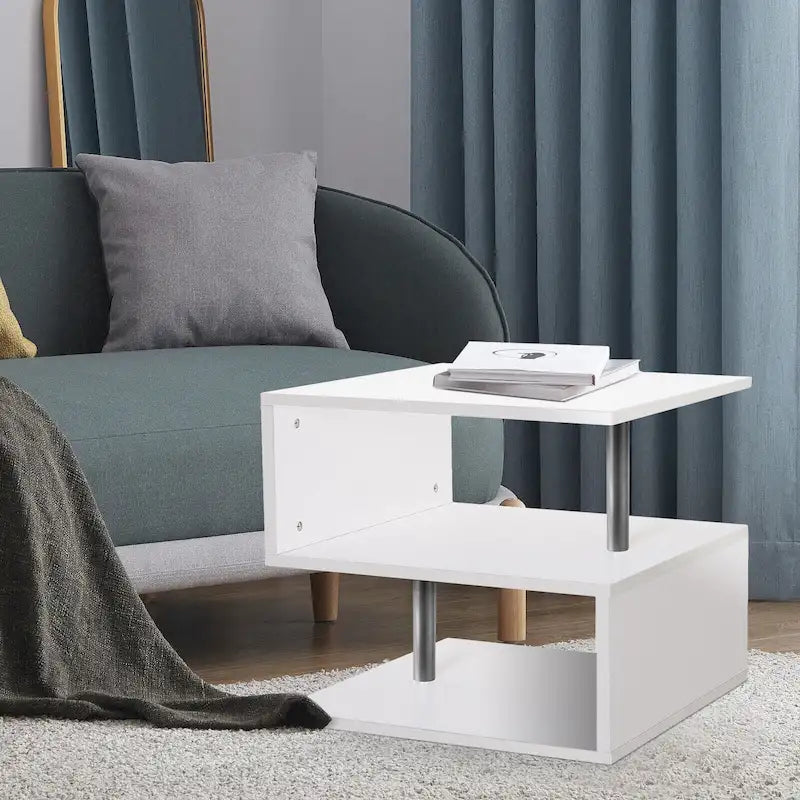 Tavolino laterale in legno a 3 ripiani a forma di S con ripiano portaoggetti - 20,7 A x 17,3 L x 14,9 P