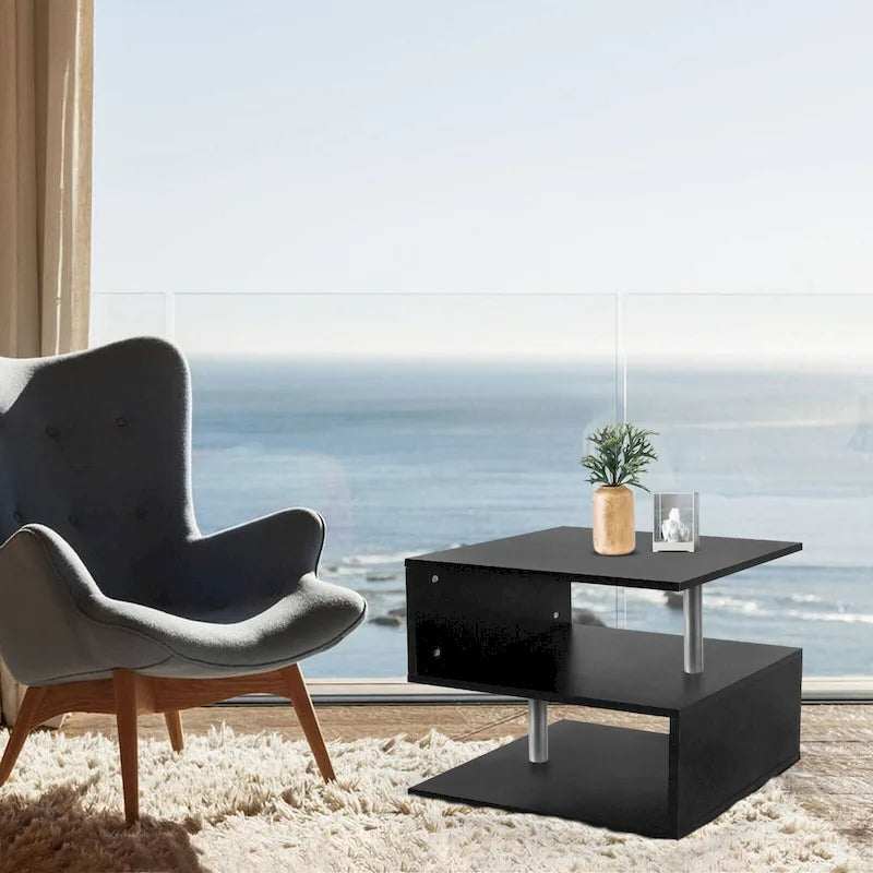 Tavolino laterale in legno a 3 ripiani a forma di S con ripiano portaoggetti - 20,7 A x 17,3 L x 14,9 P