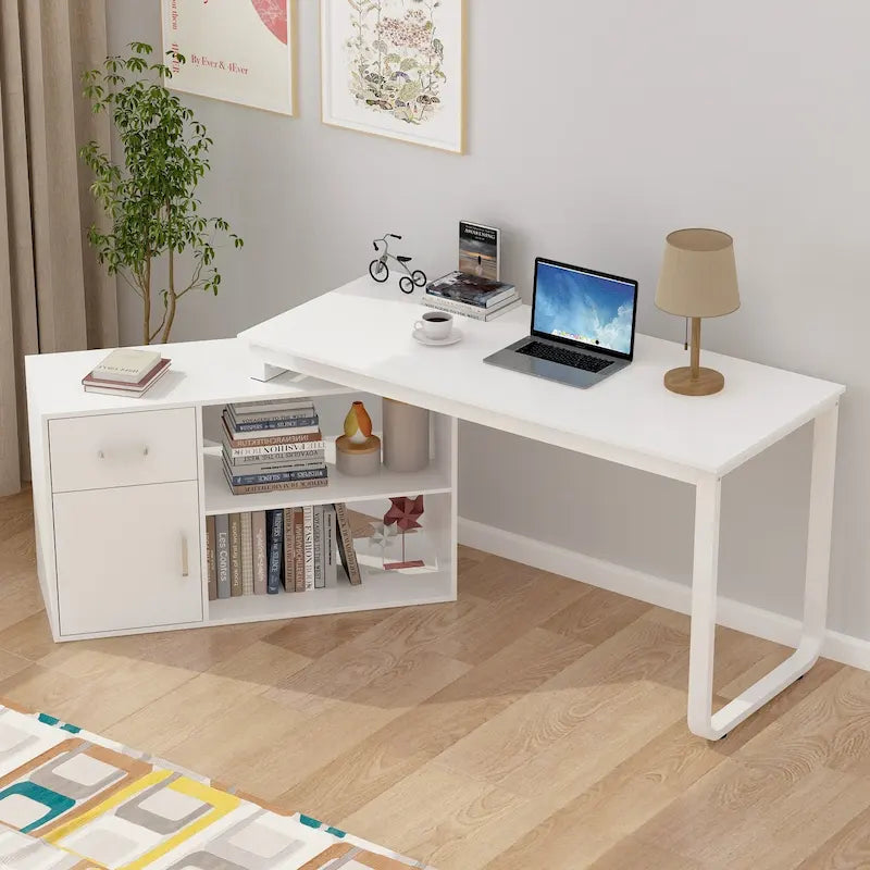 White Reversible L Shape Desk Rotating Desk Working Desk Computer