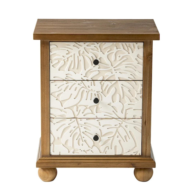 Comodino rustico COZAYH a 3 cassetti con motivo a foglie intagliato, cassettiera vintage in stile country francese