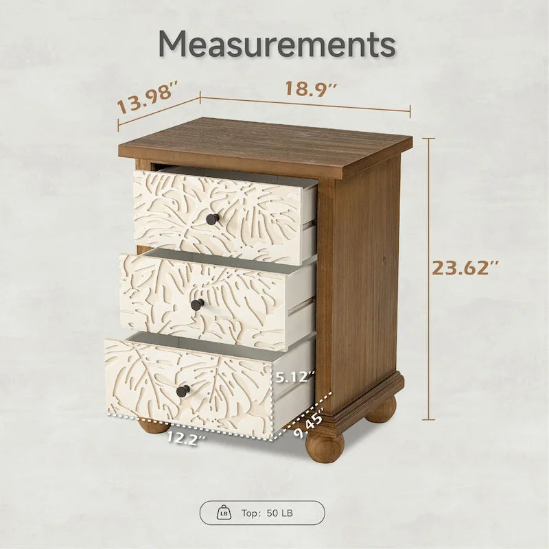 Comodino rustico COZAYH a 3 cassetti con motivo a foglie intagliato, cassettiera vintage in stile country francese