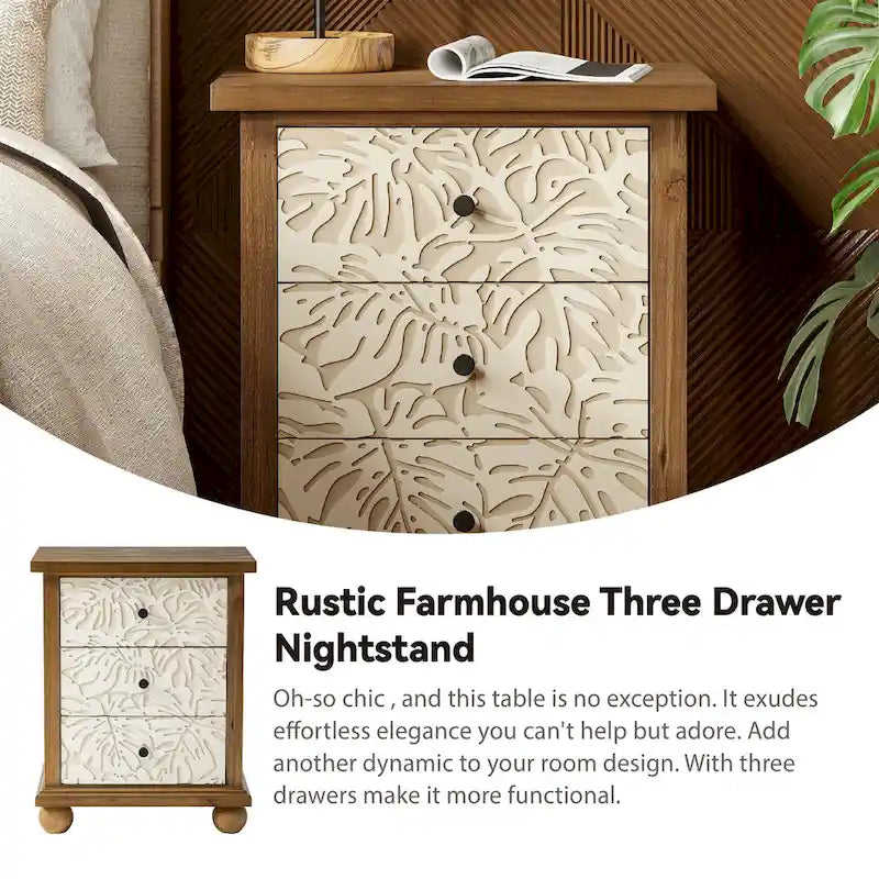 Comodino rustico COZAYH a 3 cassetti con motivo a foglie intagliato, cassettiera vintage in stile country francese