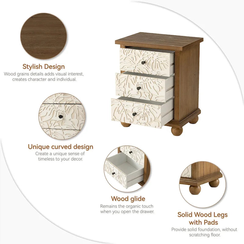 Comodino rustico COZAYH a 3 cassetti con motivo a foglie intagliato, cassettiera vintage in stile country francese