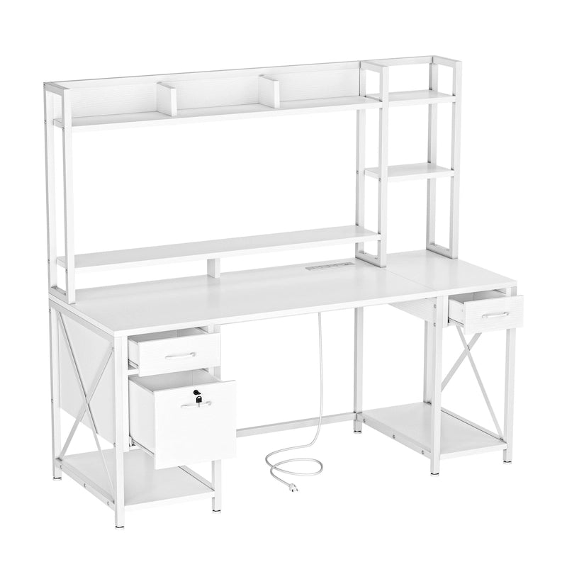 Scrivania da gioco per computer Moasis da 59 pollici con credenza e libreria, scrivanie per ufficio domestico con 3 cassetti