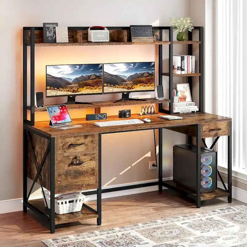 Moasis 59 Inch Computer Gaming Desk with Hutch and Bookshelf Home Office Desks with 3 Drawers